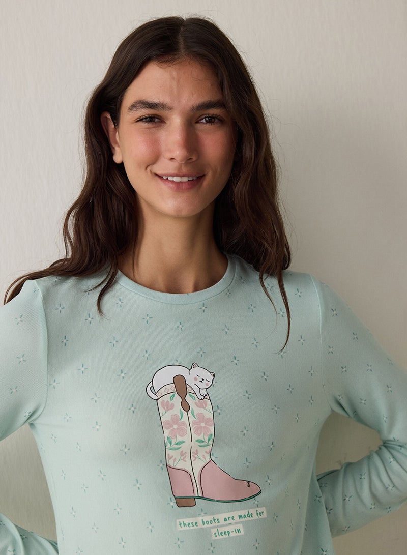 بنتي قميص بيجامة بأكمام طويلة ورقبة دائرية بتأثير حراري وشعار للنوم - Image 2